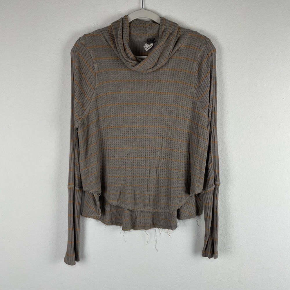 We The Free Brown Orange Striped Drippy Thermal Cowl Long Sleeve Top Size Small